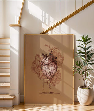 Ilustración detallada de un corazón anatómico con elementos florales sobre fondo beige