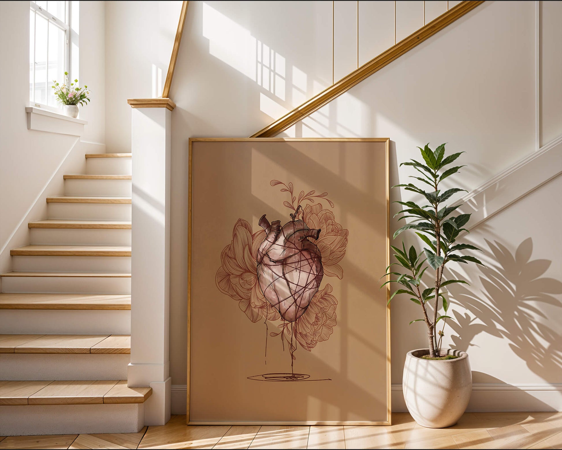 Ilustración detallada de un corazón anatómico con elementos florales sobre un fondo beige.