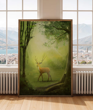 Escena forestal serena con ciervos majestuosos bajo luz solar difusa