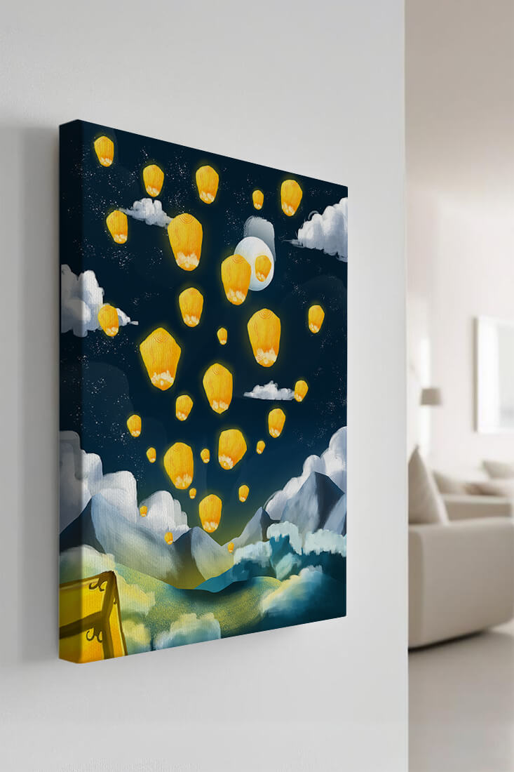 Lanterns floating in a starry night sky over mountains