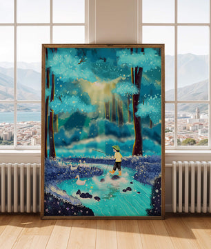 Colorful forest scene with a child and ducks by a stream
