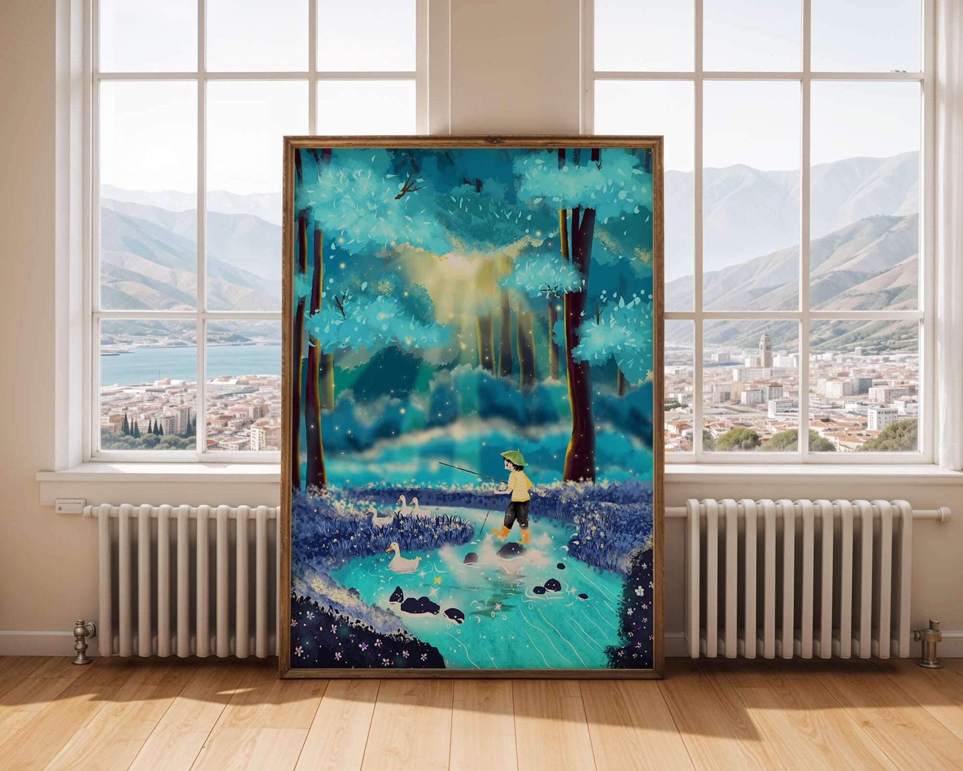 Colorful forest scene with a child and ducks by a stream