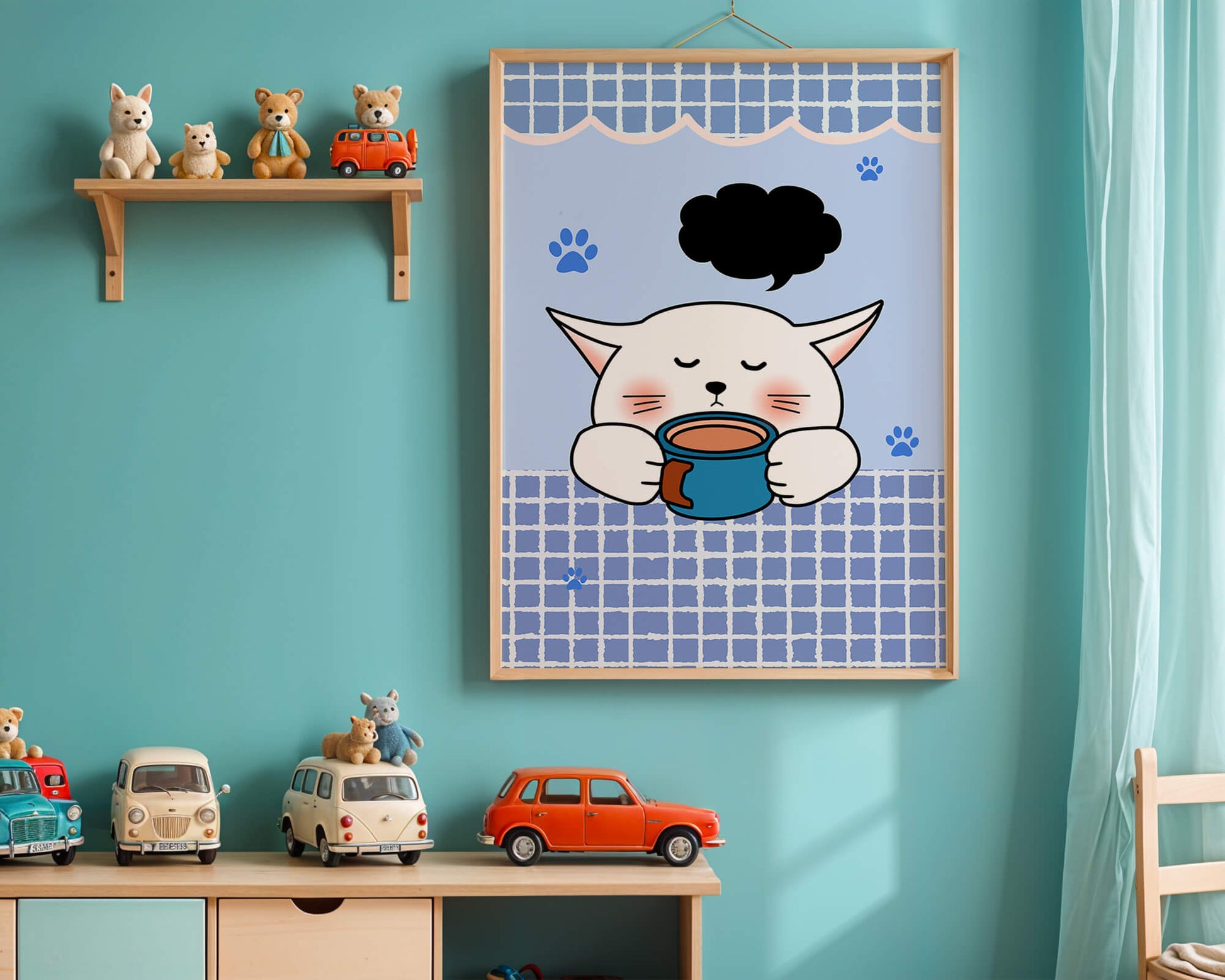 Cute cartoon cat with mug and speech bubble on blue background