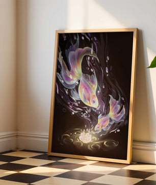 Colorful Koi Fish in a Dreamlike Underwater Scene with Illuminated Elements