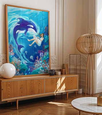 Underwater fantasy scene with a playful whale and a girl floating amidst coral and jellyfish