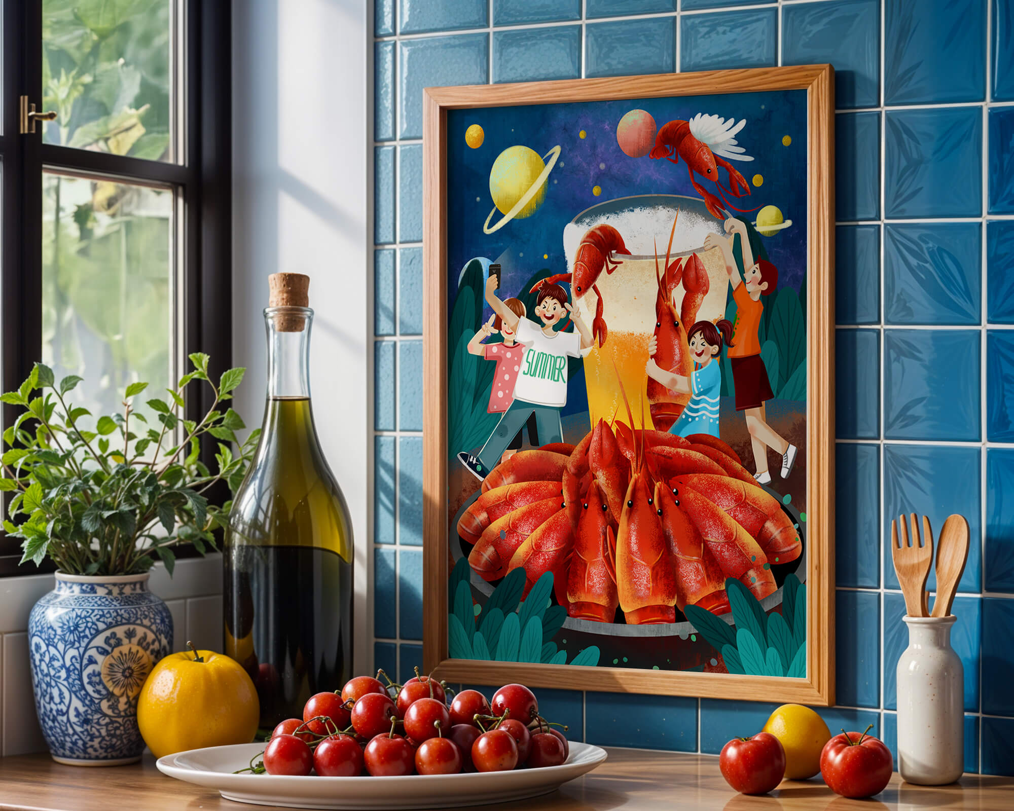 Fantasy illustration with cosmic lobsters and friends enjoying a summer feast