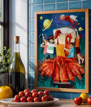 Ilustración de fantasía con langostas cósmicas y amigos disfrutando de un banquete de verano