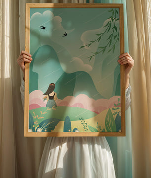 Peaceful landscape with a girl and nature elements