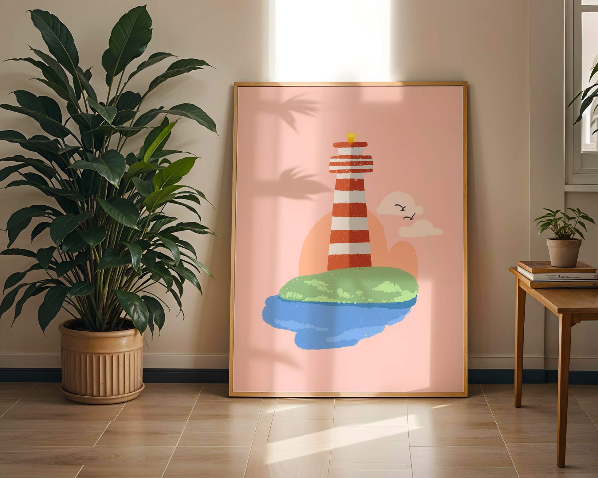 Ilustración encantadora de un faro con un entorno costero tranquilo