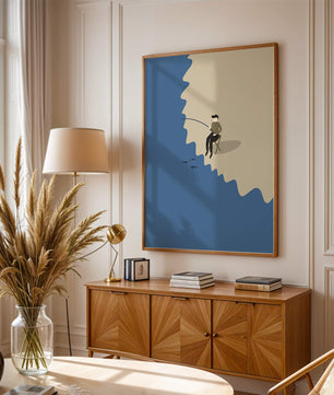 Minimalistic illustration of a person fishing by the sea
