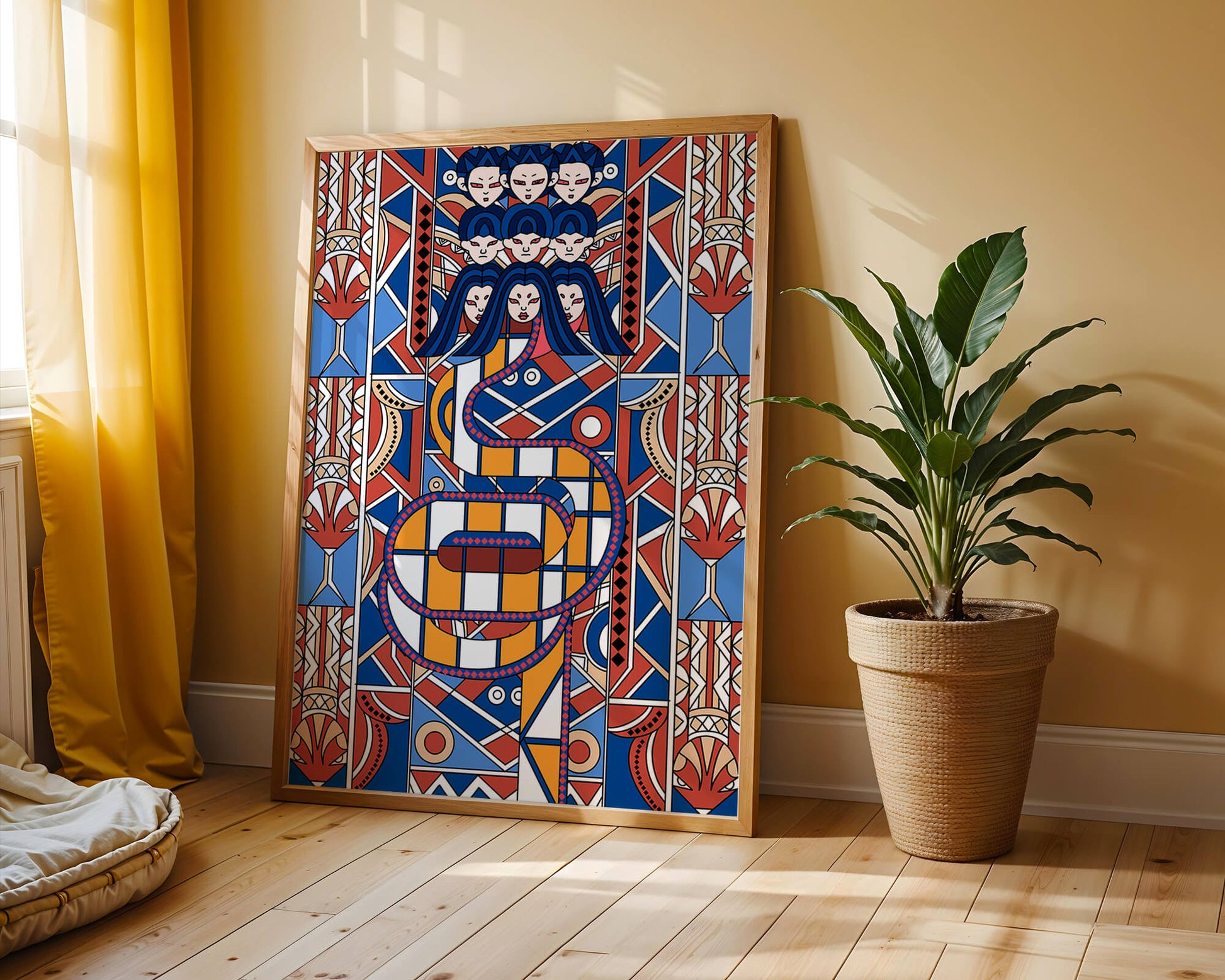 Patrón geométrico Art Decó con rostros y diseño simétrico