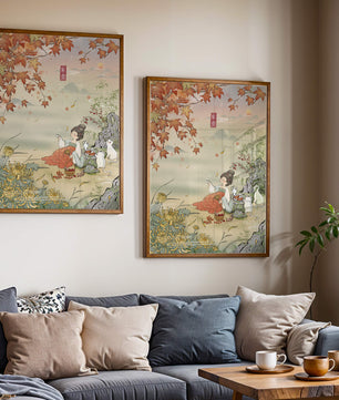 Traditional Chinese painting with autumn scenery and lady sipping tea