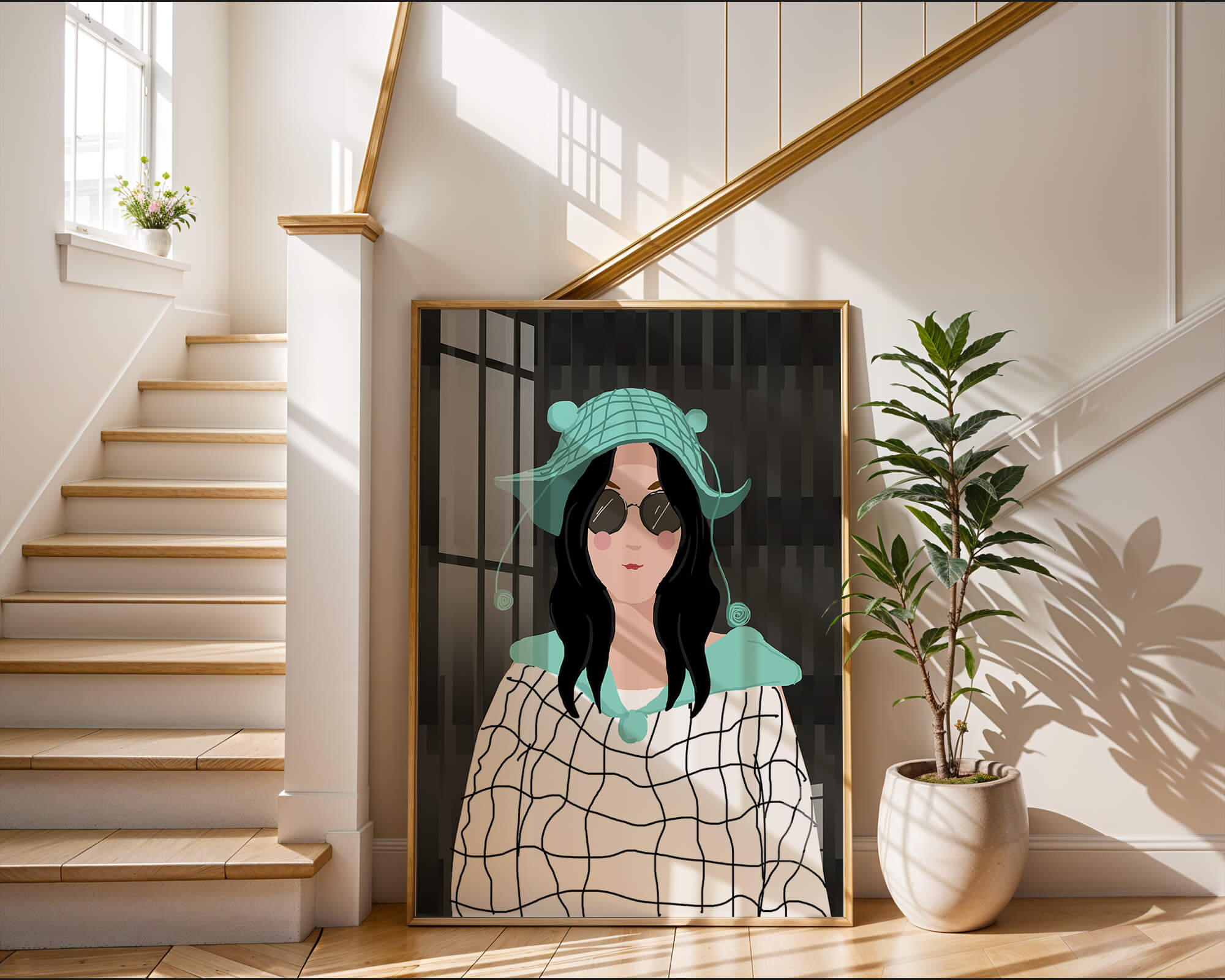 Illustration of a woman in a colorful hat and sunglasses
