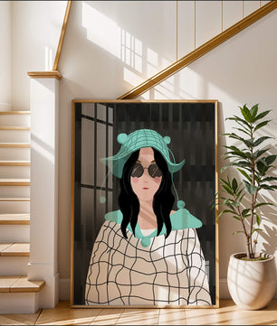 Illustration of a woman in a colorful hat and sunglasses