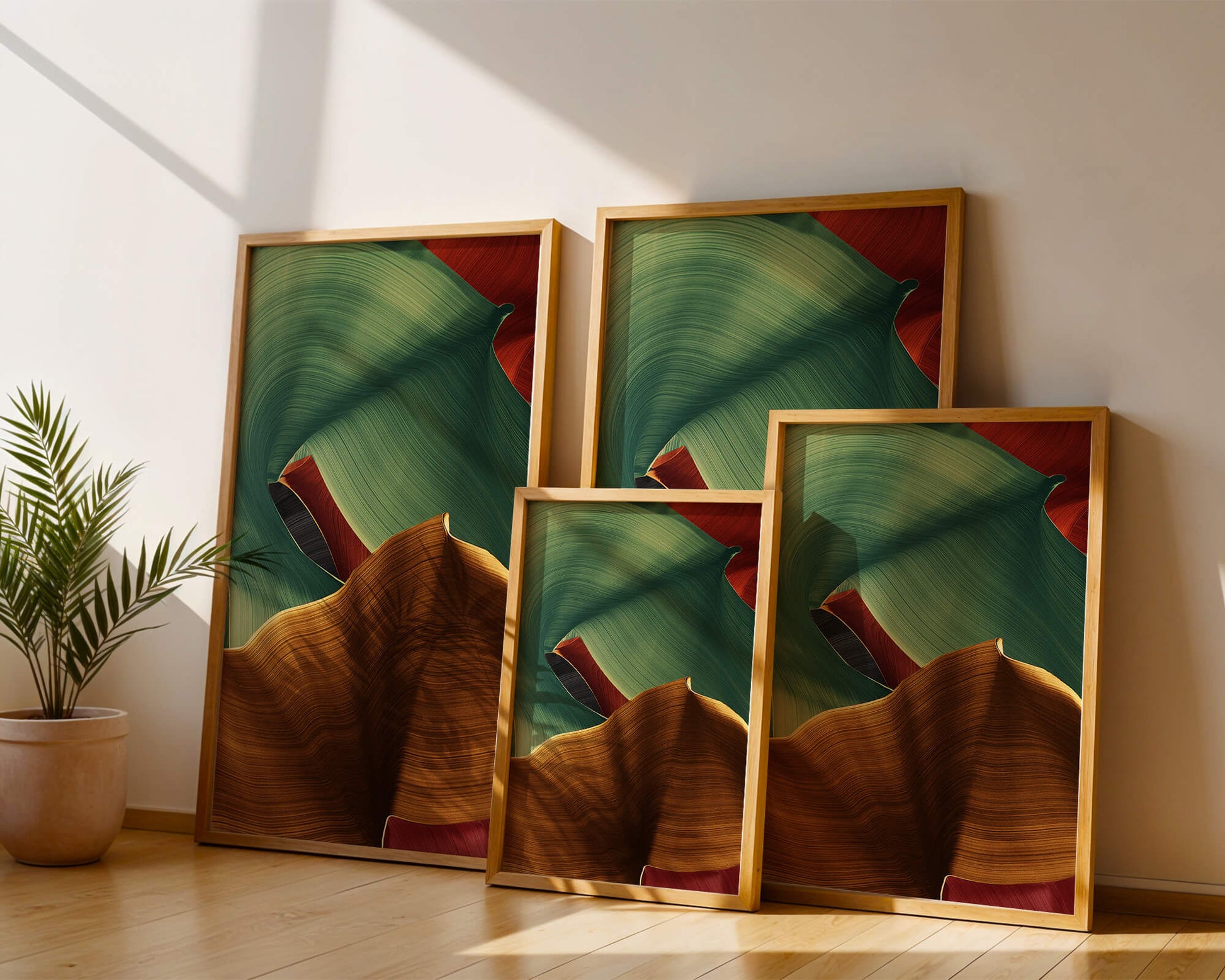 Abstrakte Komposition mit fließenden Texturen in Grün und Gold