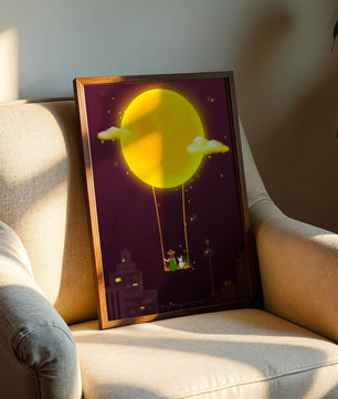 Whimsical night scene with a girl and a rabbit on a swing beneath a glowing moon