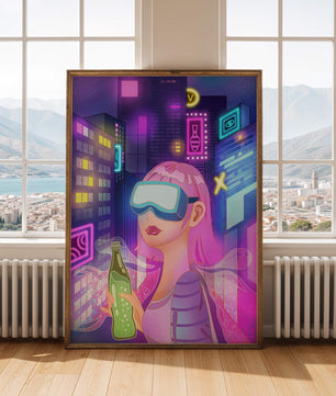 Escena urbana futurista con luces de neón y elementos de realidad virtual