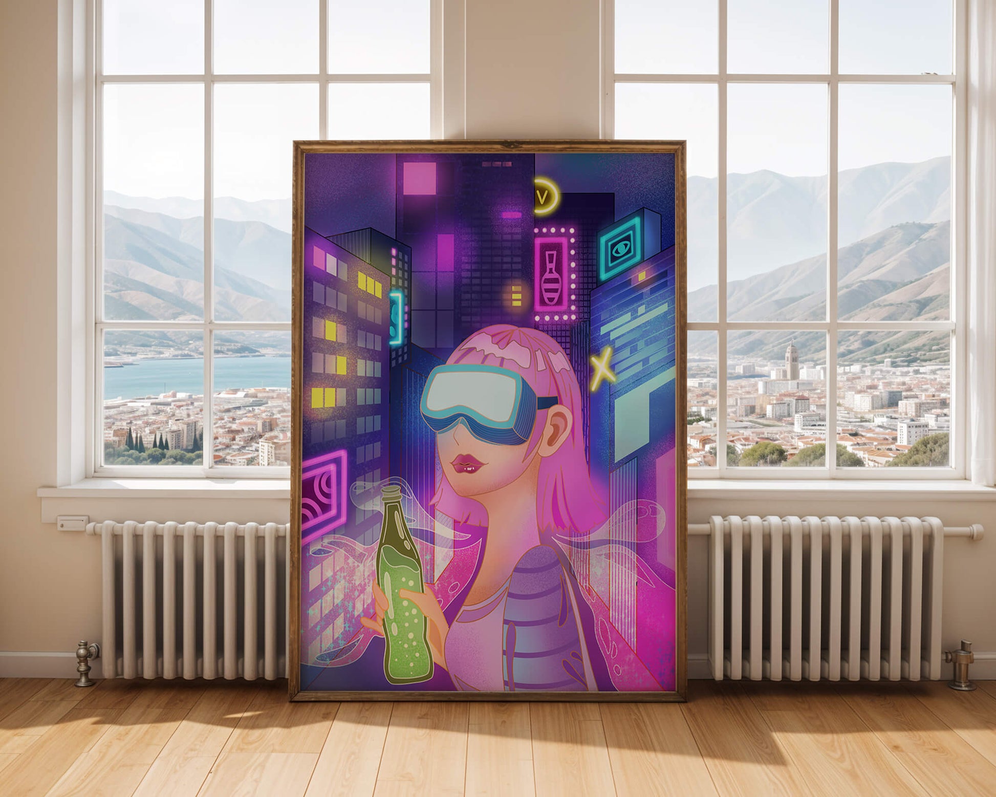 Futuristic urban scene with neon lights and virtual reality elements