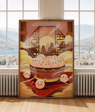 Dumplings de dibujos animados encantadores en un cuenco decorativo en medio de la niebla