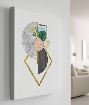 Arte geométrico abstracto con acentos florales y dorados