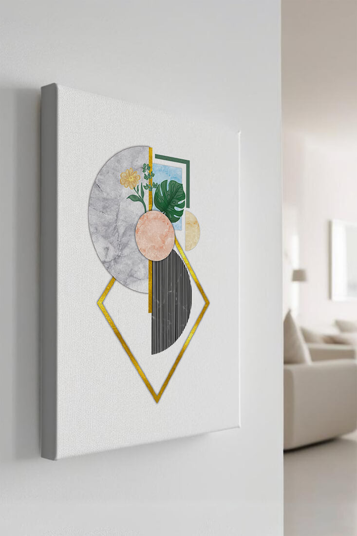 Abstract geometric art with floral and gold accents