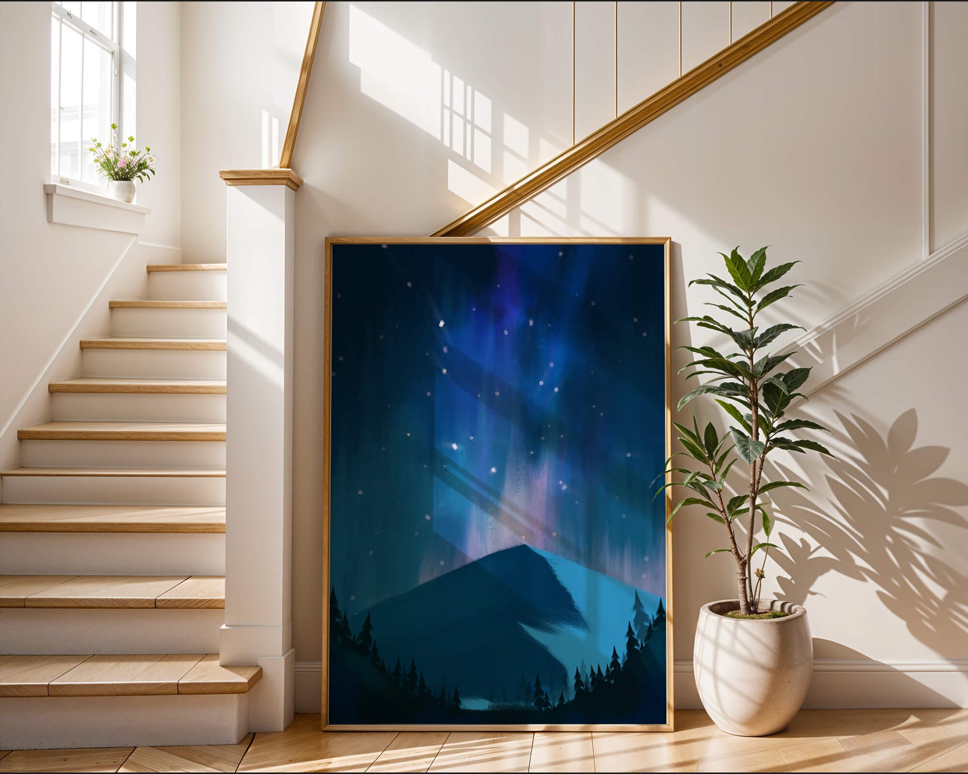 Paisaje montañoso sereno con auroras boreales y bosque oscuro