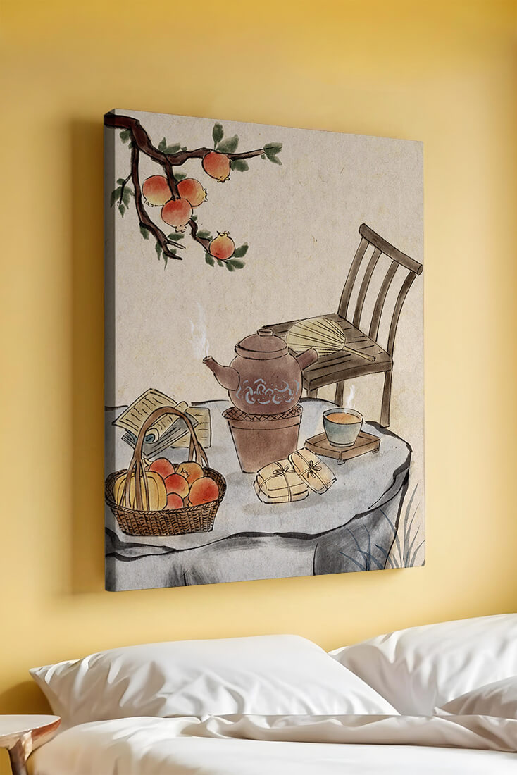 Watercolor painting of tea time setting with fruits and wooden chair