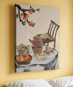 Peinture à l’aquarelle d’un moment de dégustation de thé avec des fruits et une chaise en bois