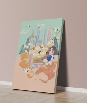 Illustration de la ligne d’horizon de Shanghai avec des raviolis et des éléments asiatiques
