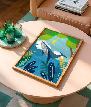 Illustration eines Wals in einer farbenfrohen Waldszene mit Mond und Pflanzen