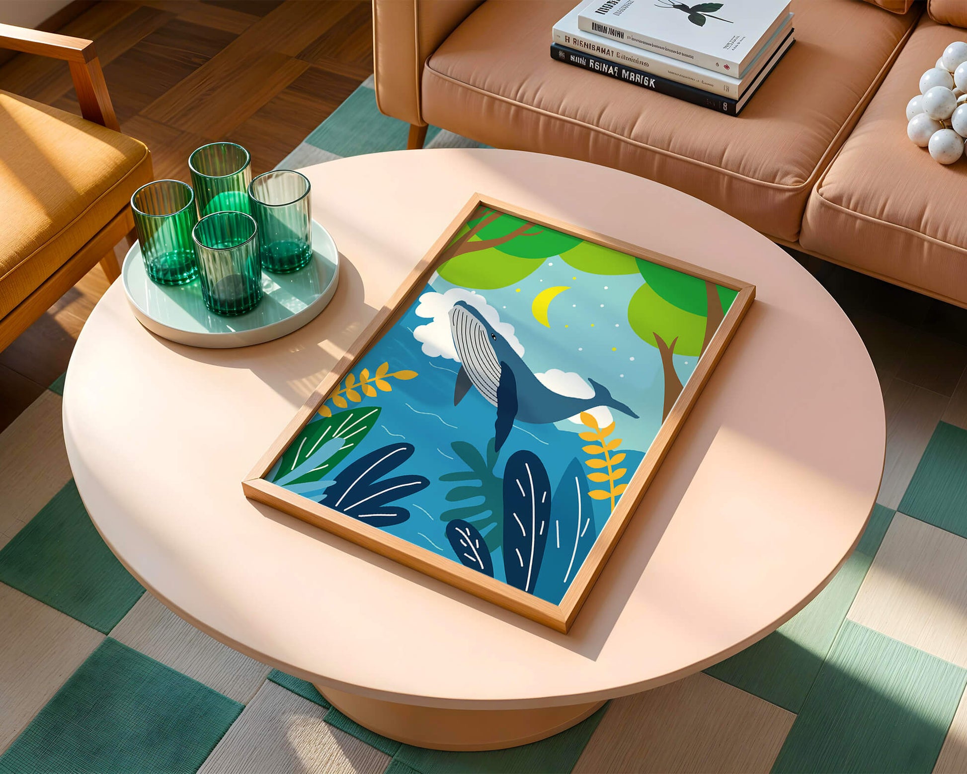 Illustration of a whale in a colorful forest scene with moon and plants