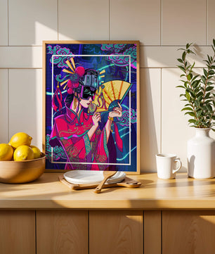 Geisha con traje futurista, elementos de neón y abanico