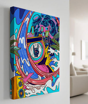 Vibrant abstract art with waves and neon elements