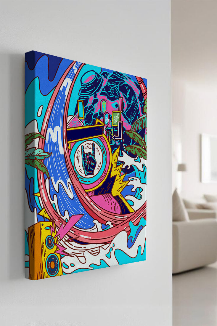 Vibrant abstract art with waves and neon elements