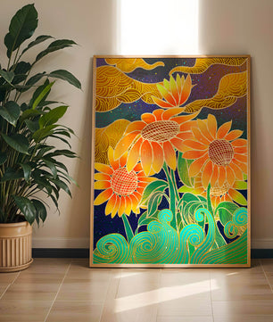 Vibrant sunflowers with intricate background patterns