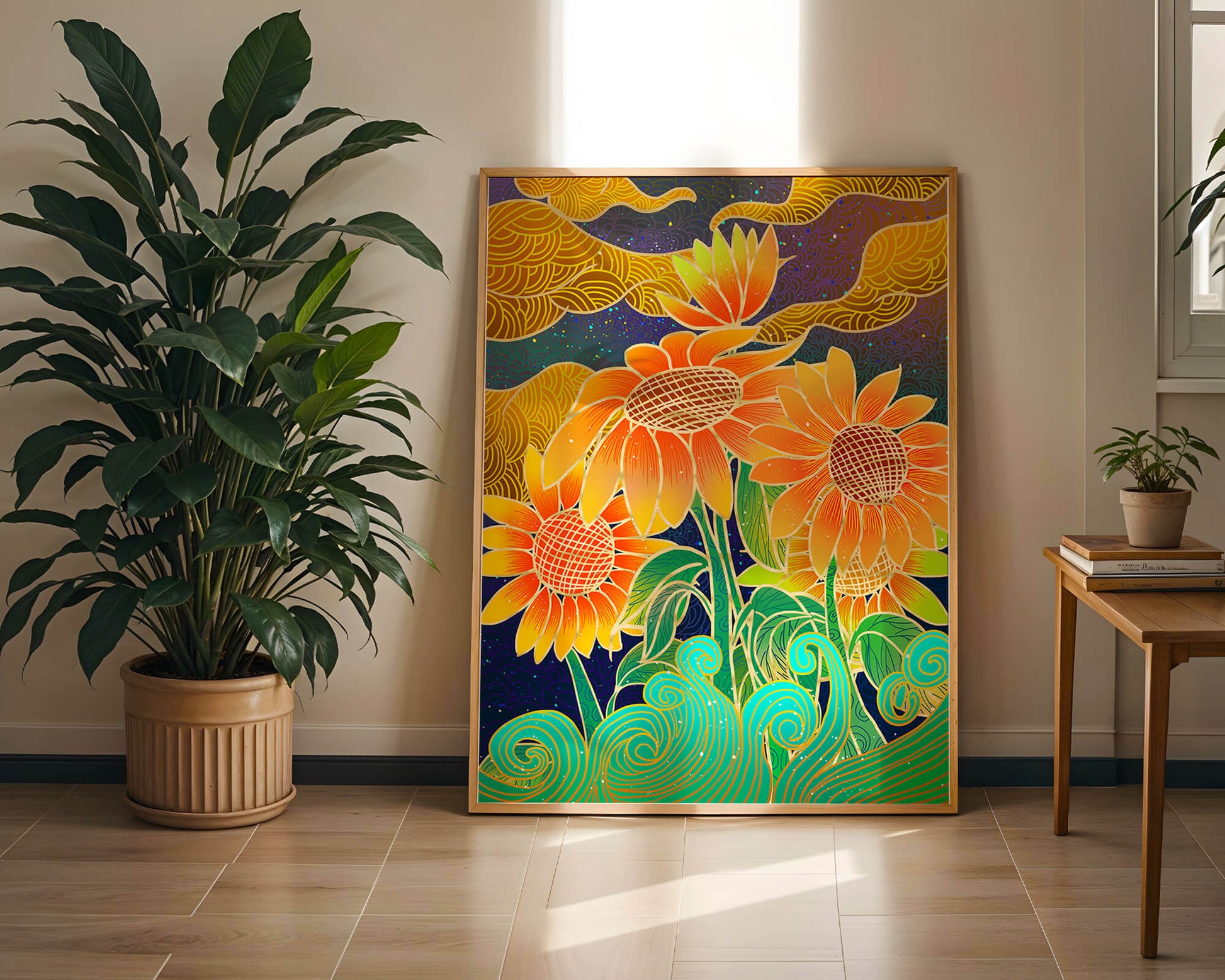 Vibrant sunflowers with intricate background patterns