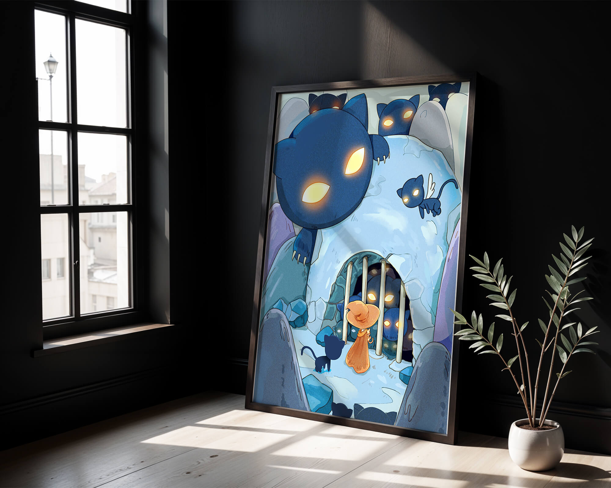 Fantasy scene with glowing-eyed creatures and mysterious cave