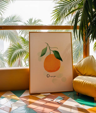Illustration of a Single Orange with Leaves on a Textured Background - Mi tienda