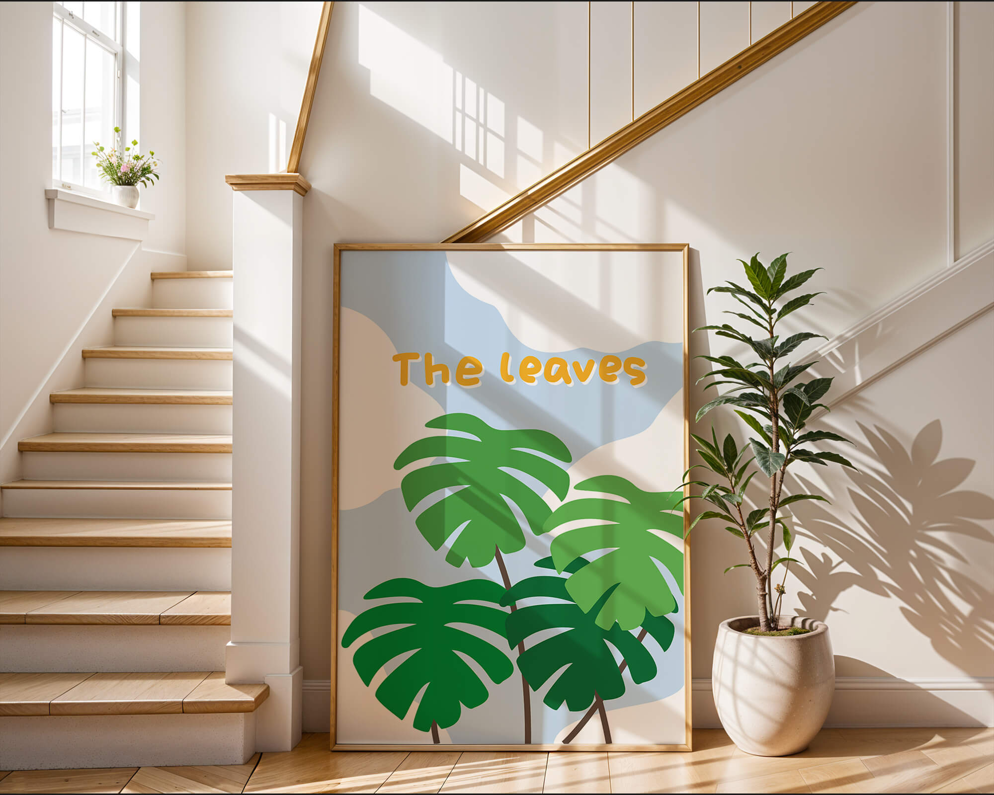 Illustrative tropical leaves with blue sky background for home decor