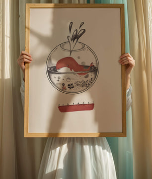 Ilustración de una ballena dentro de una pecera con una regla rosa