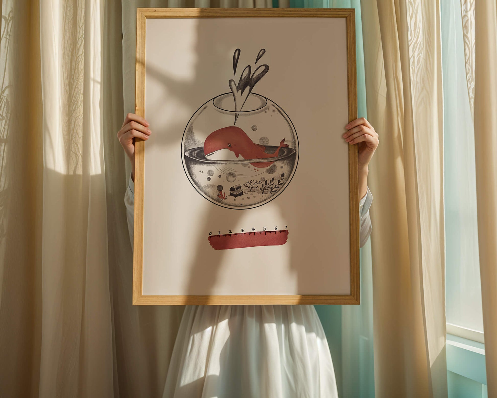 Illustration of a whale inside a fishbowl with a pink ruler