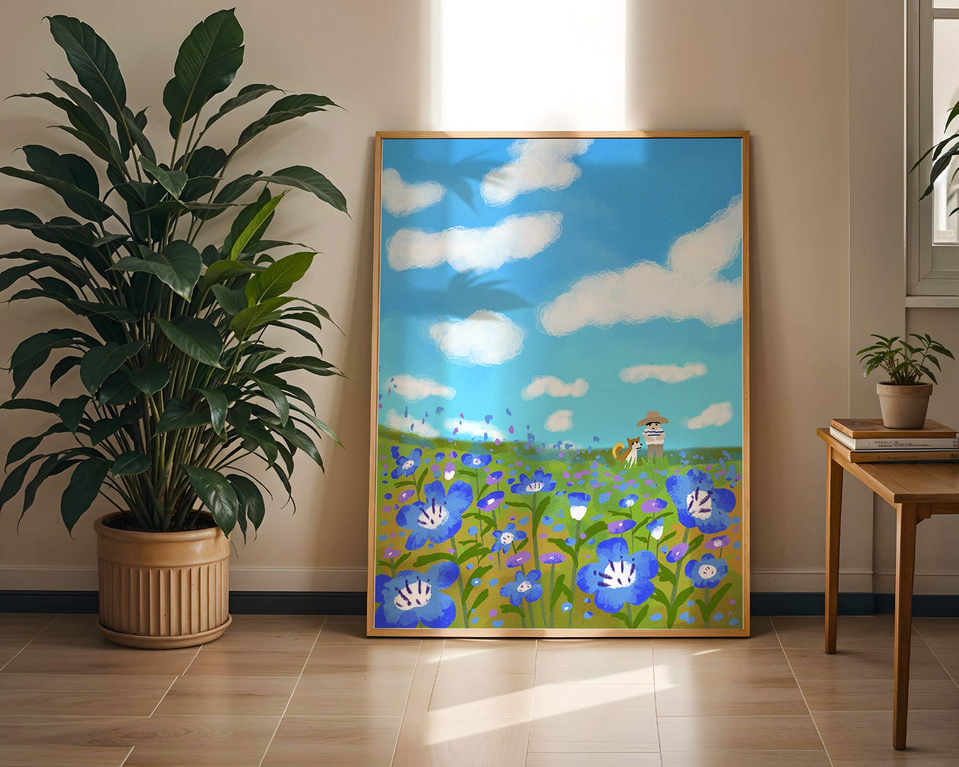Man and dog in vibrant flower meadow under blue sky