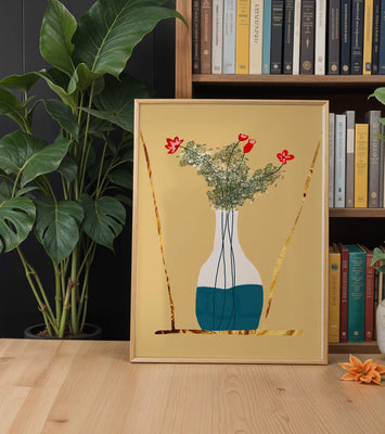 Vase with Red Flowers and Golden Accents