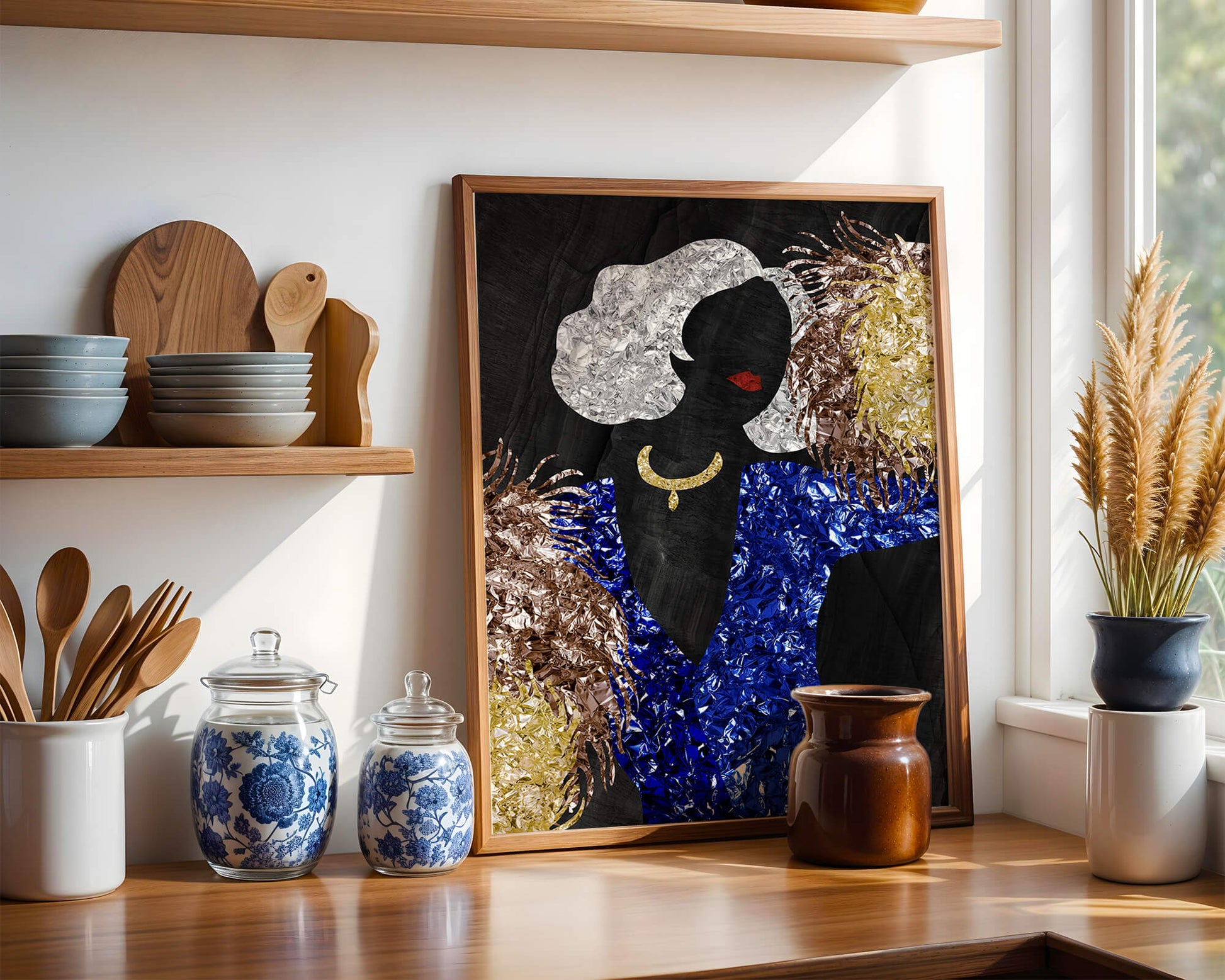 Abstract art with colorful foil textures and silhouette