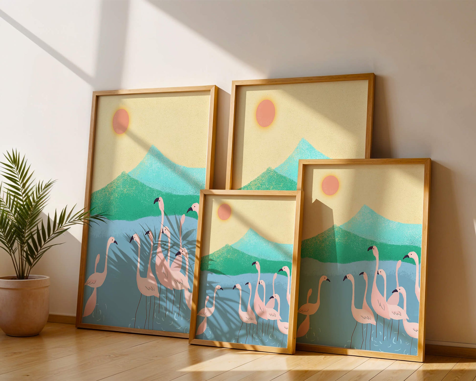 Friedliche Szene mit Flamingos in einer ruhigen Landschaft mit Bergen und Sonnenuntergang