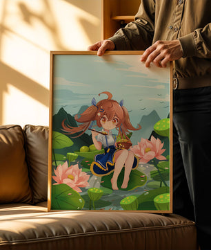 Chica de anime sentada en hojas de lirio con montañas al fondo