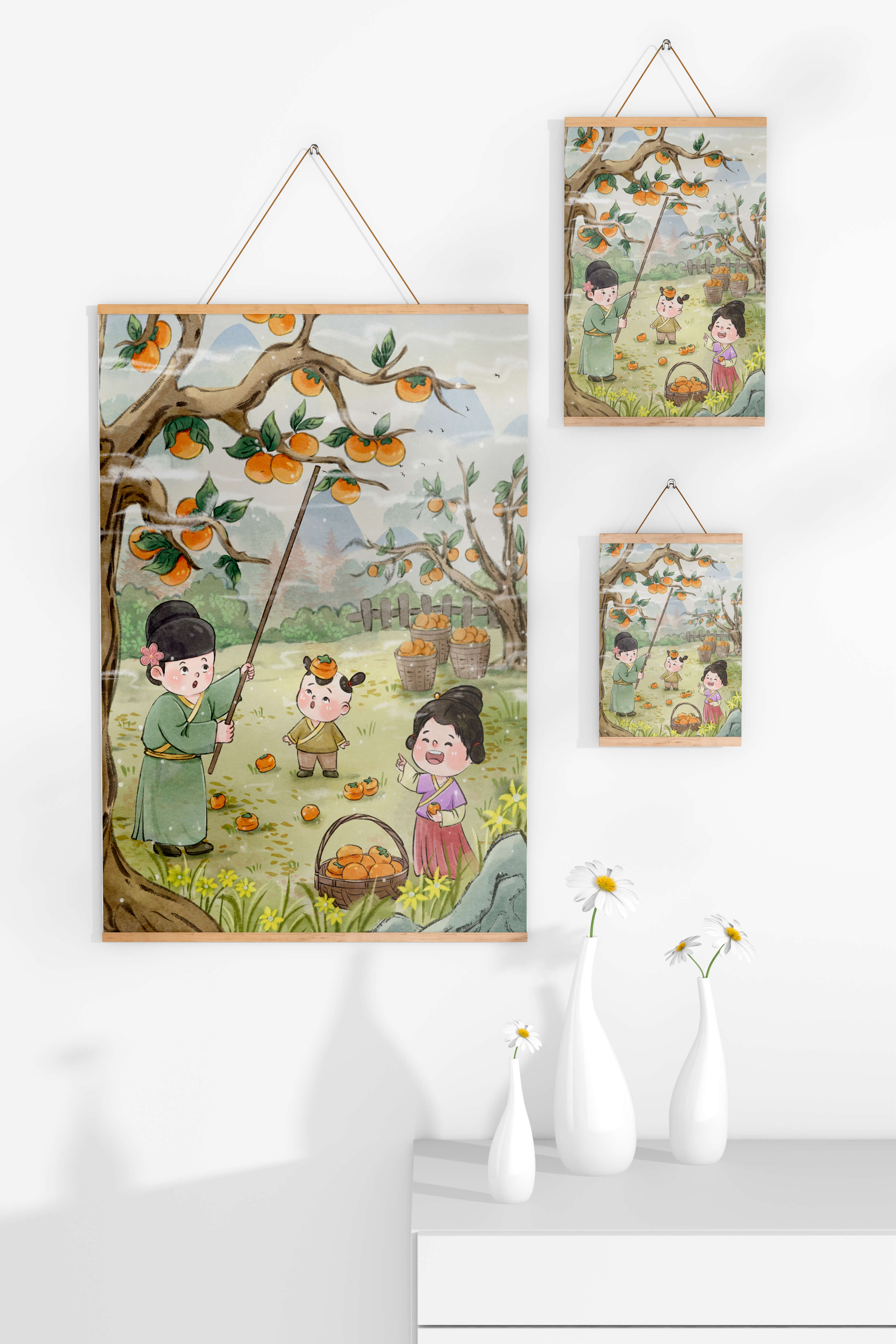 Illustration of children harvesting persimmons in a traditional setting