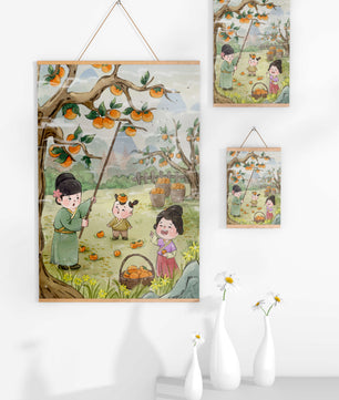 Illustration of children harvesting persimmons in a traditional setting