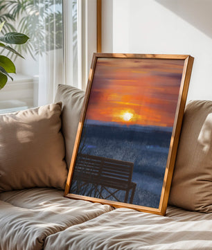 Tranquil Sunset over Ocean with a Lonely Bench