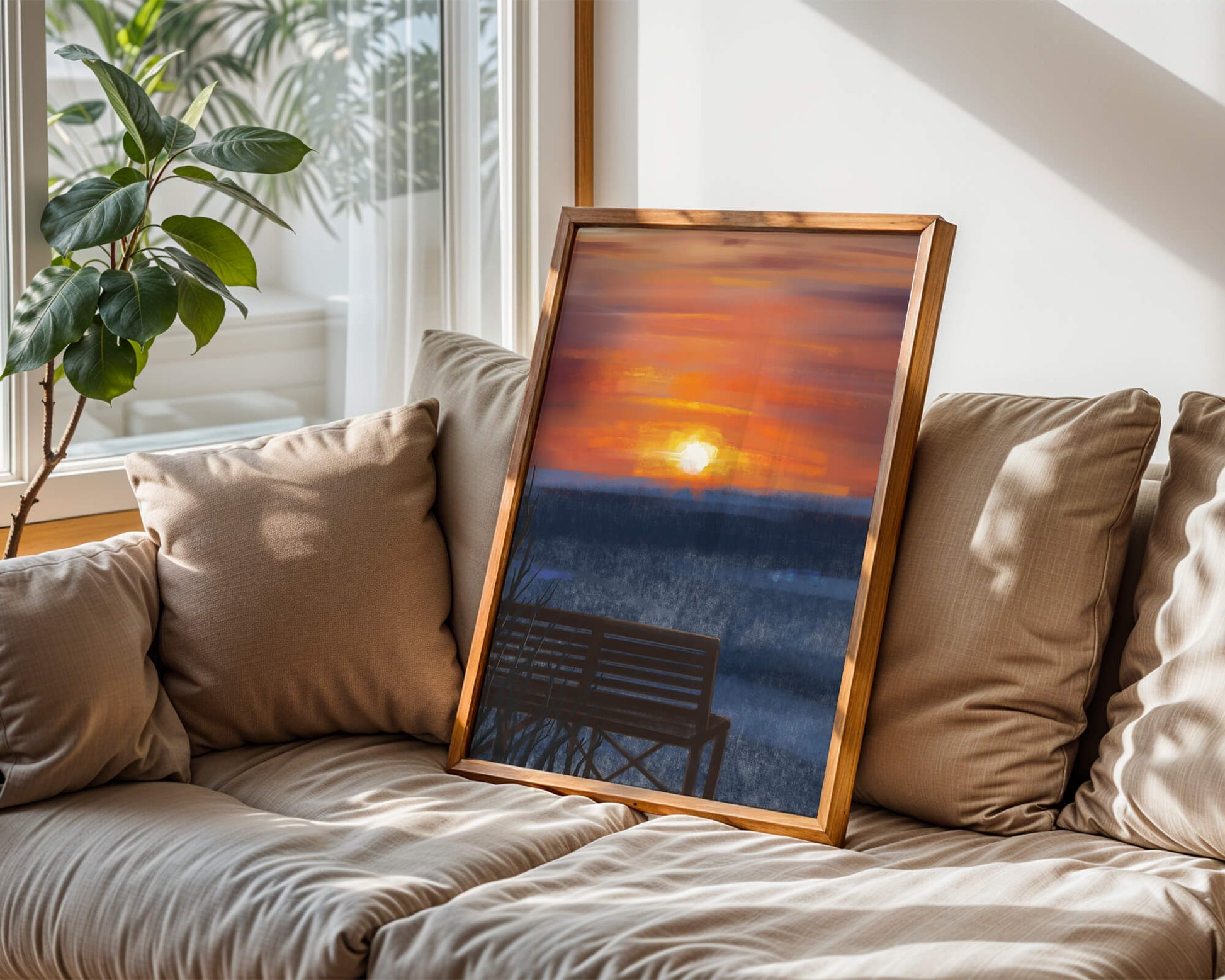 Tranquil Sunset over Ocean with a Lonely Bench